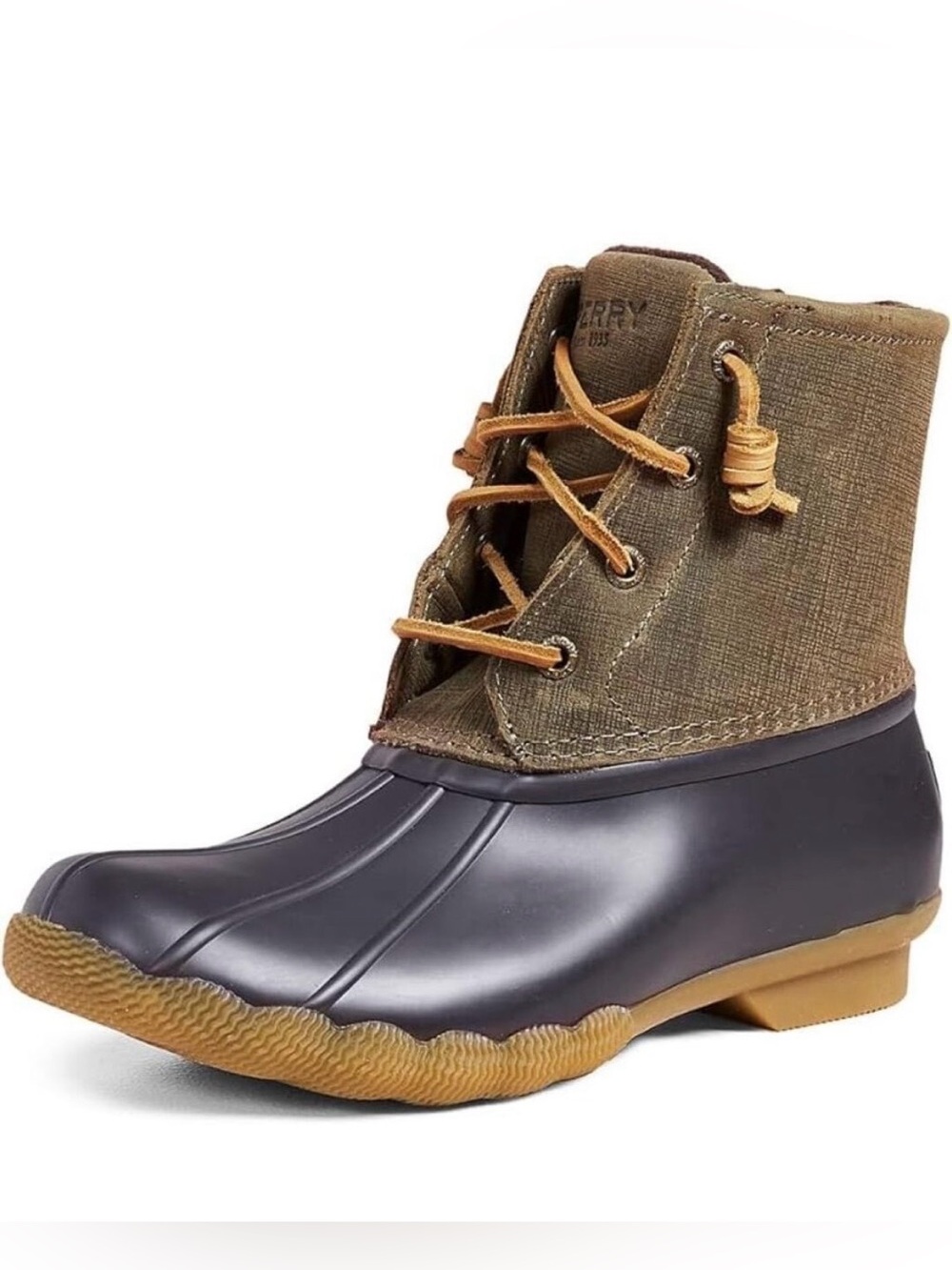Sperry Saltwater Boots Women’s Olive & Brown Duck Boot with Tan Laces Sz 8 EU 39